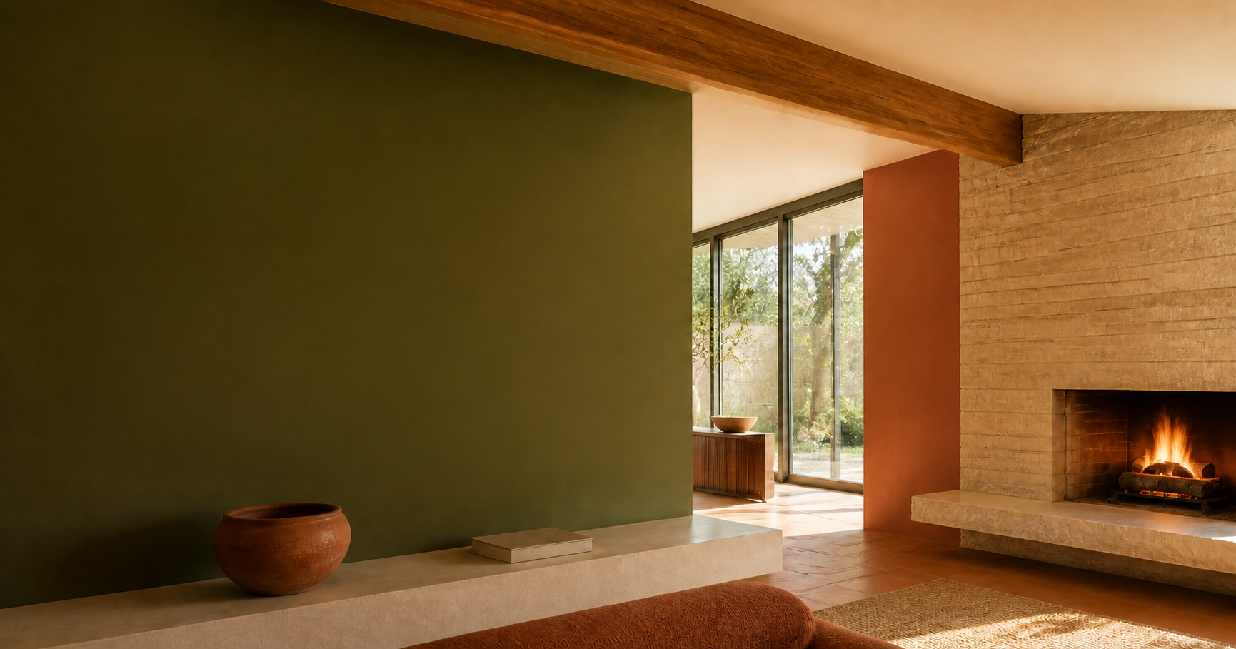 Luxury mid-century room with olive wall, warm timber beam, terracotta accent, and a lit stone fireplace